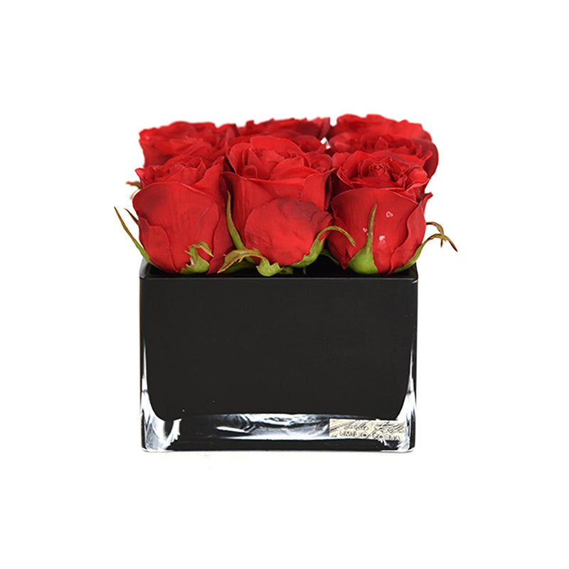 Red Rose Buds in Black Square Vase