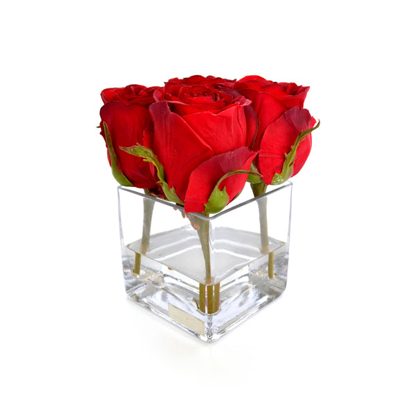 Red Rose Buds Square Vase