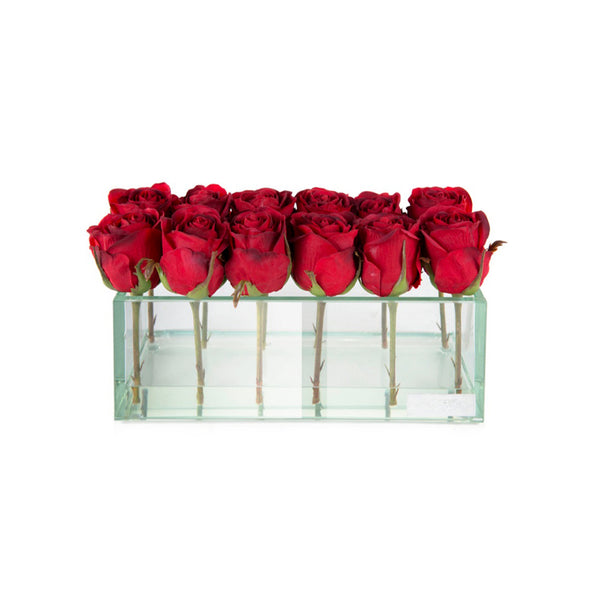 Red Rose Buds in Glass Plate Vase. 4 sizes (8", 12", 24" & 48"L)