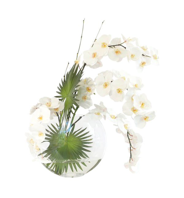 White Phalaenopsis & Palm 13" Moon Vase