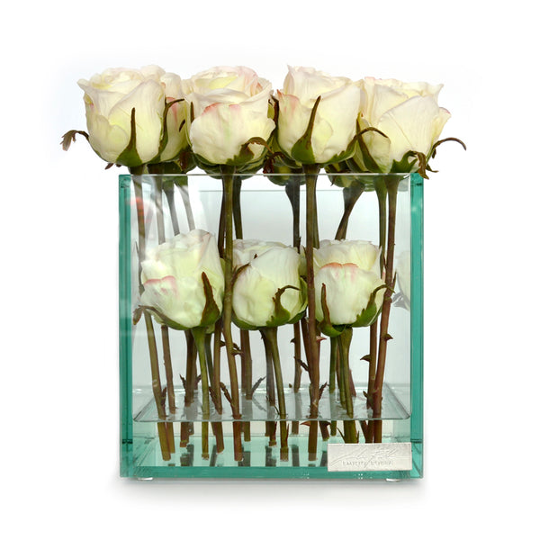 White Roses 8" Glass Plate Cube