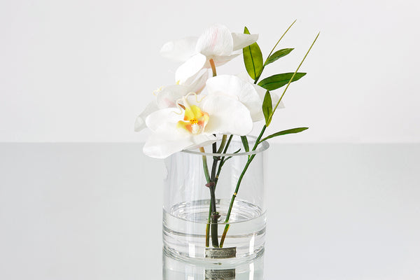 White Phalaenopsis & Bamboo Leaves 4"H Rota Vase