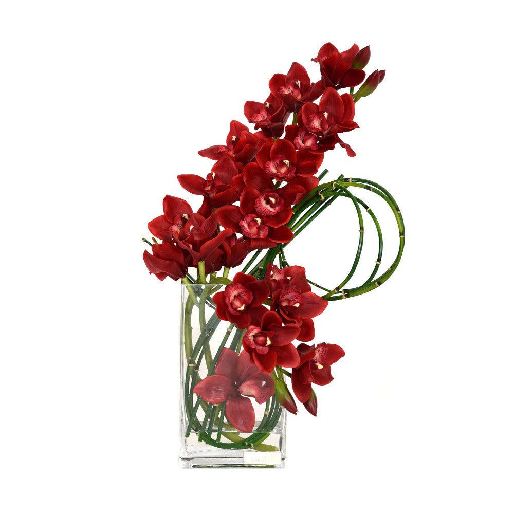 Red Cymbidium W/ Horsetail Bamboo Rectangular Vase 8"H