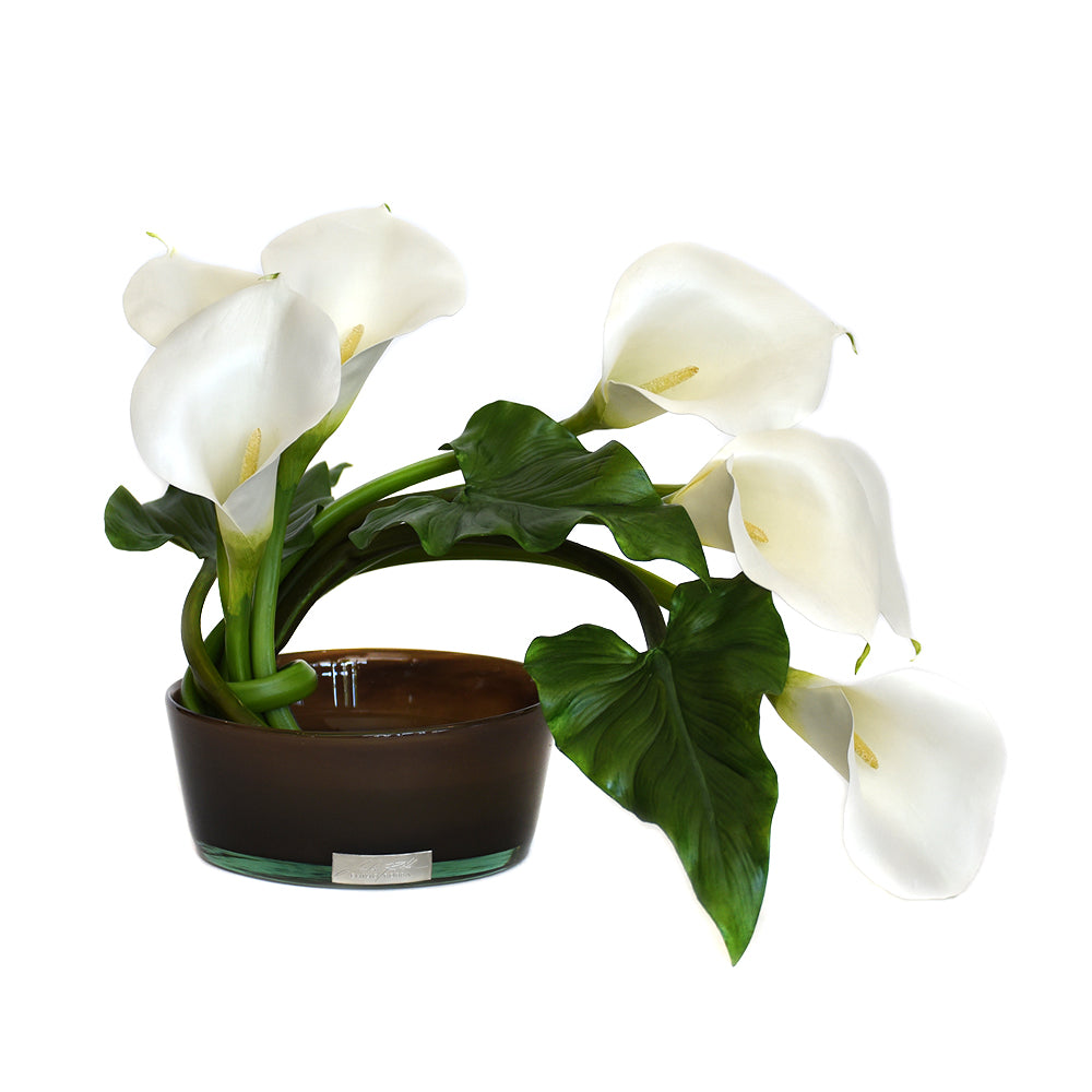 Callas and Leaf in Glass Bowl