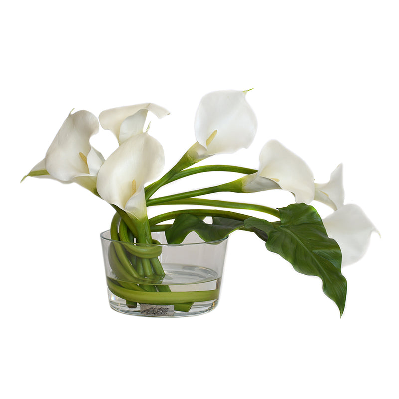 Callas and Leaf in Glass Bowl