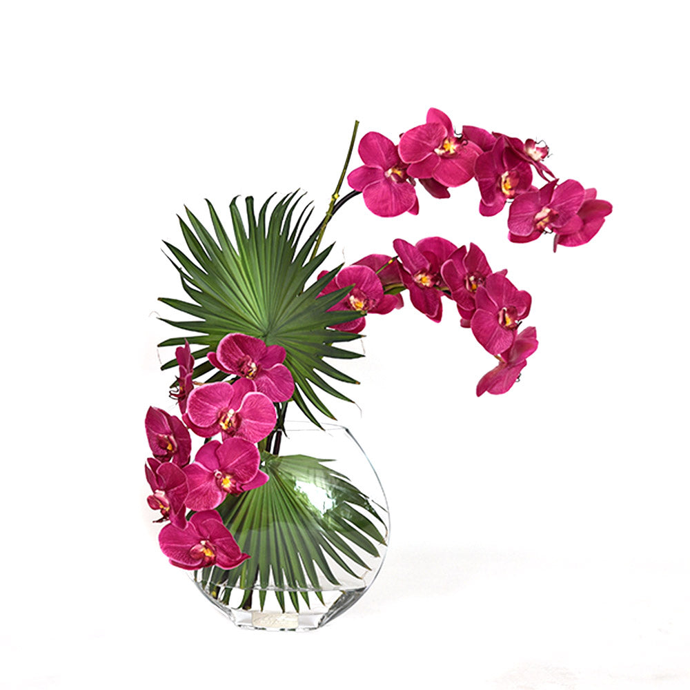 Fuchsia Phalaenopsis & Palm 10" Moon Vase