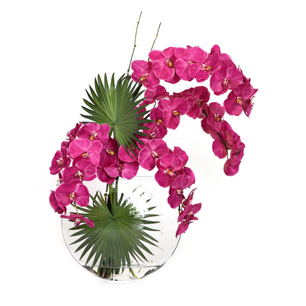 Fuchsia Phalaenopsis & Palm 13" Moon Vase