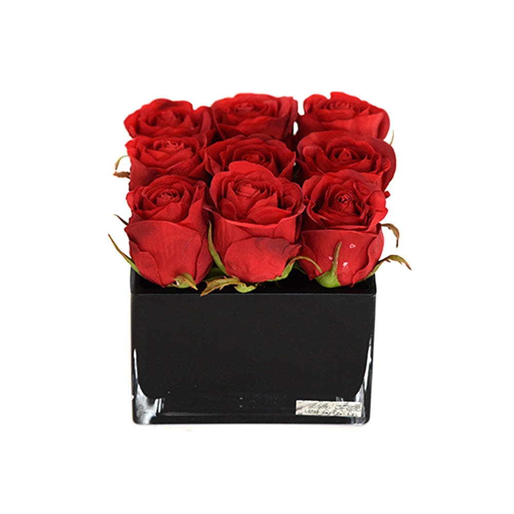 Red Rose Buds in Black Square Vase