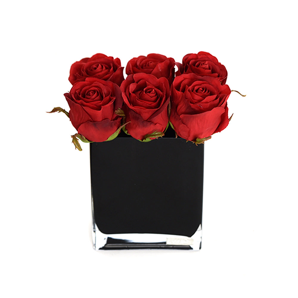 Red Rose Buds in Black Rectangle Vase