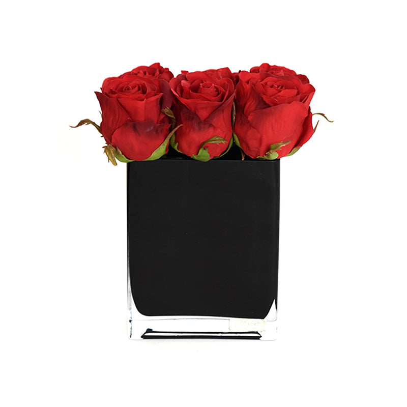 Red Rose Buds in Black Rectangle Vase