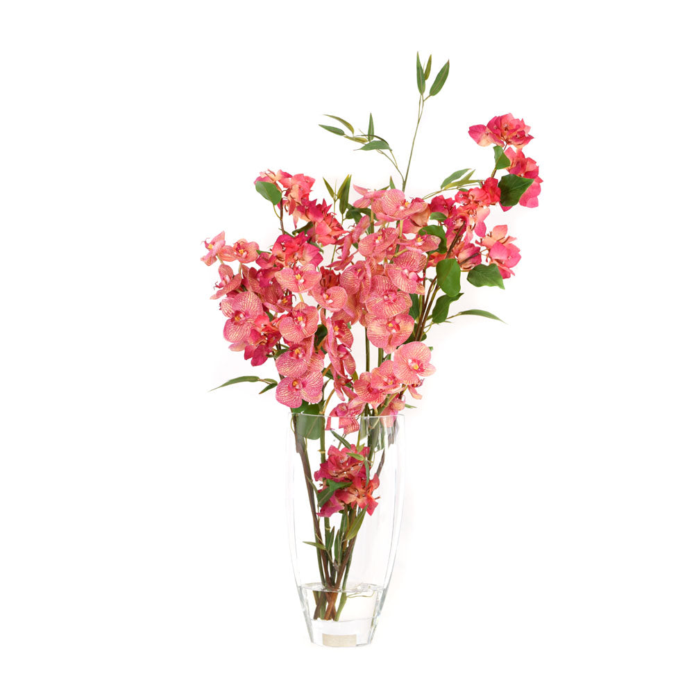 Fuchsia Bush Bougainvillea & Phala w/ Bamboo in 12"H Deco Vase