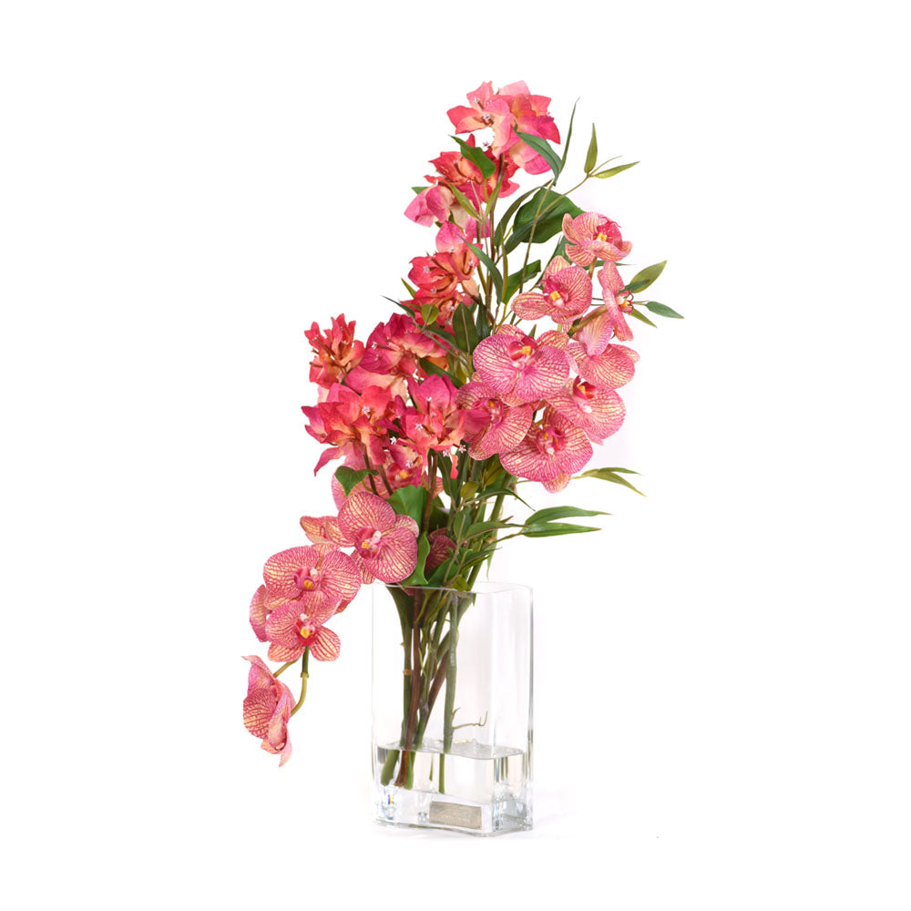 Fuchsia Bush Bougainvillea & Phala w/ Bamboo in 8"H Deco Vase