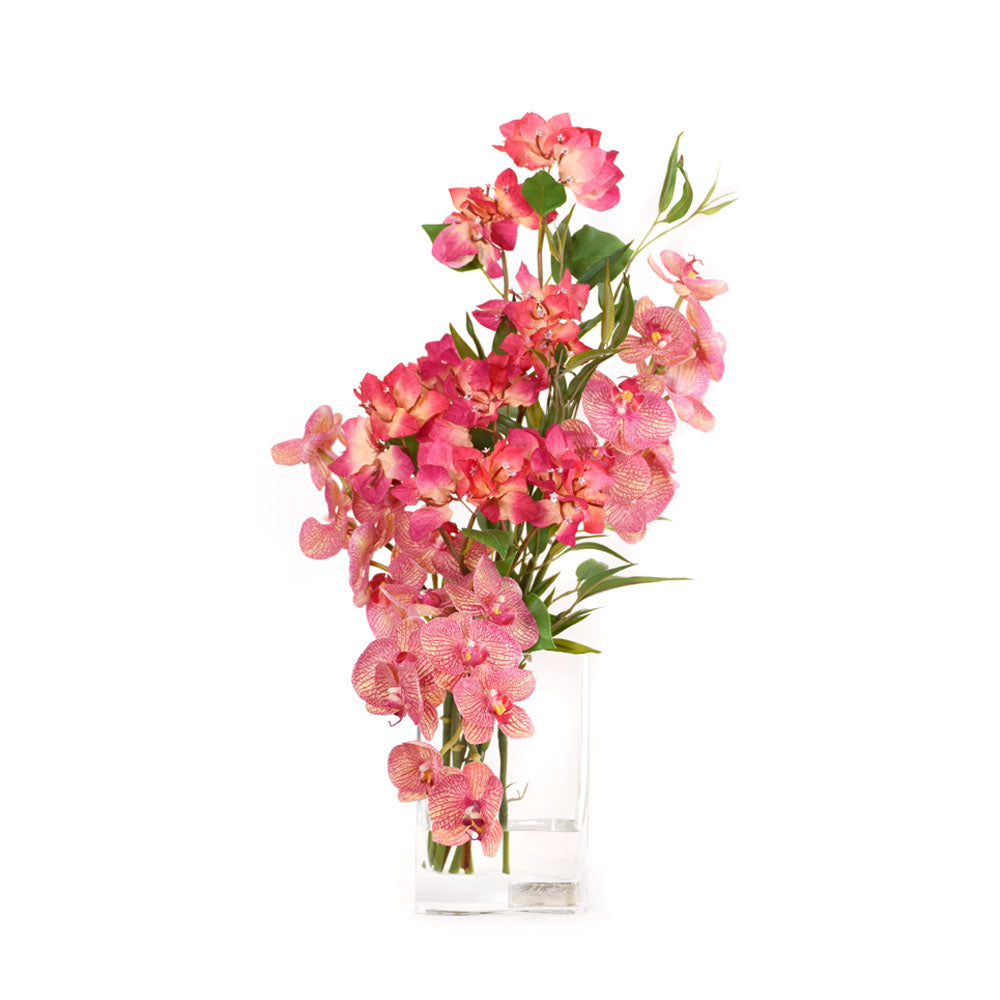 Fuchsia Bush Bougainvillea & Phala w/ Bamboo in 8"H Deco Vase