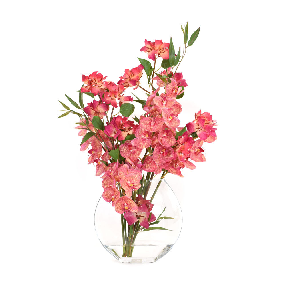 Fuchsia Bush Bougainvillea & Phala w/ Bamboo in 9.5"H Moon Vase