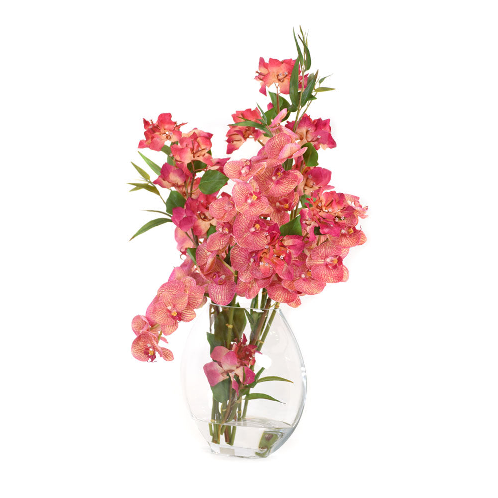 Fuchsia Bush Bougainvillea & Phala w/ Bamboo in 9.5"H Moon Vase