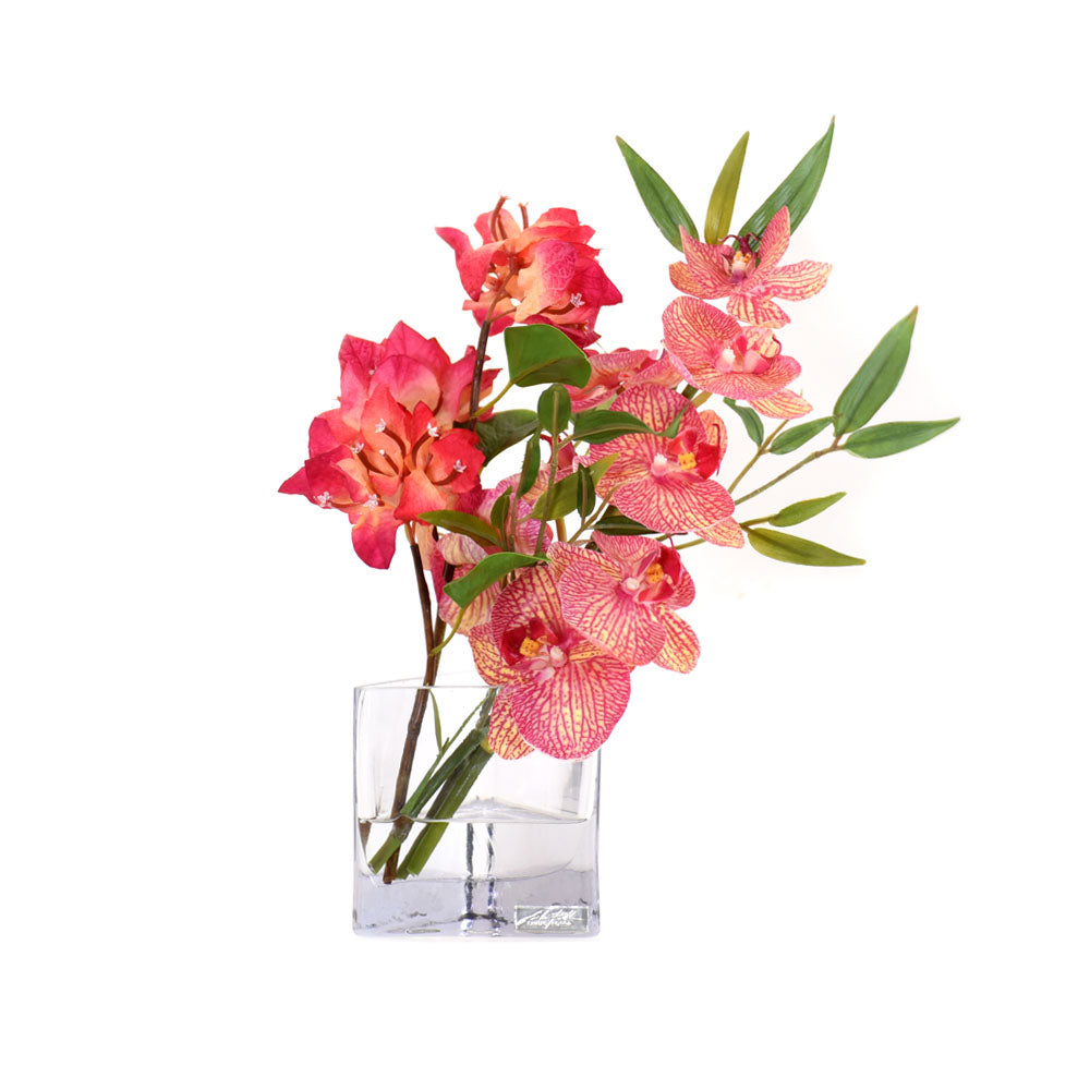 Fuchsia Bush Bougainvillea & Phala w/ Bamboo in 4"H Triangle Vase