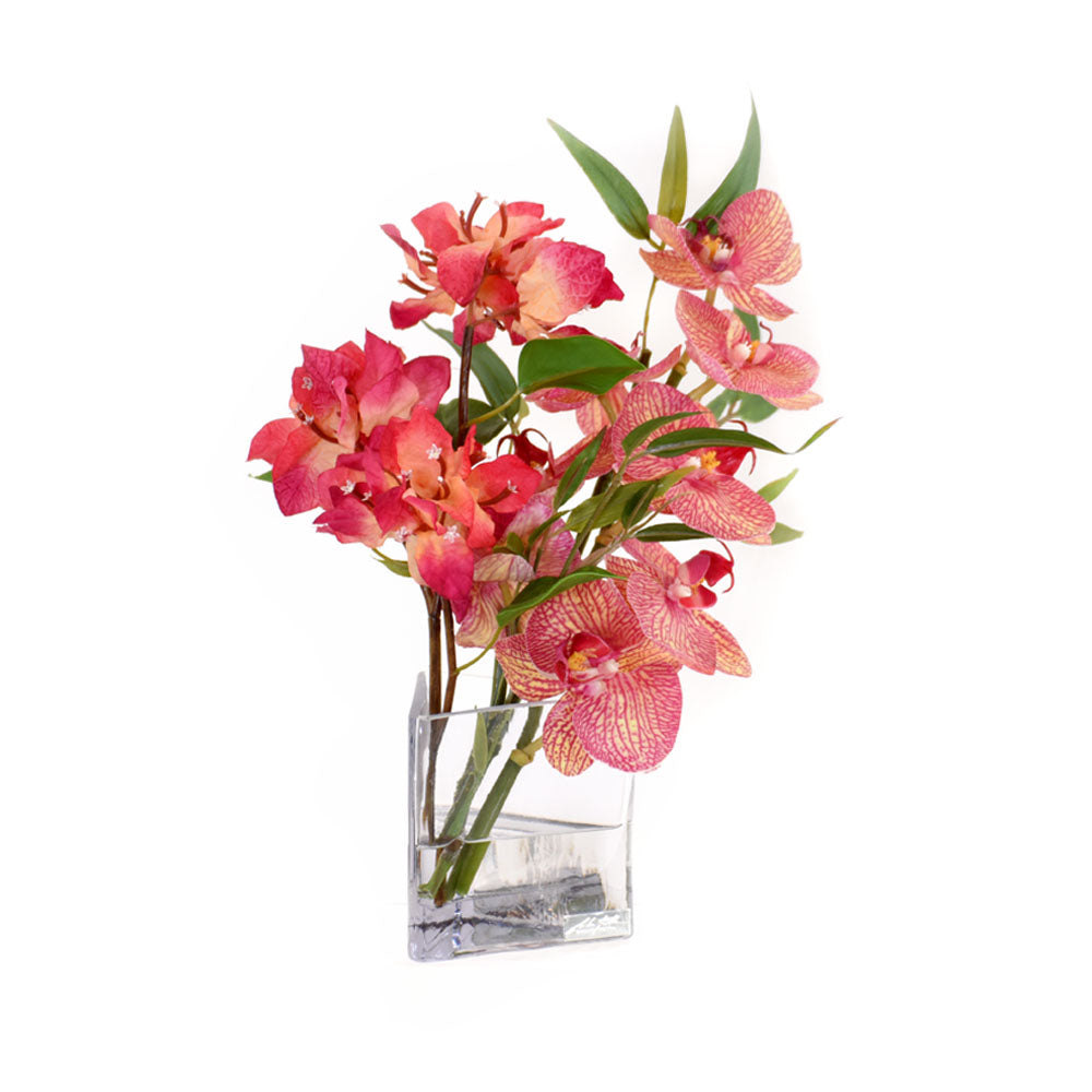 Fuchsia Bush Bougainvillea & Phala w/ Bamboo in 4"H Triangle Vase