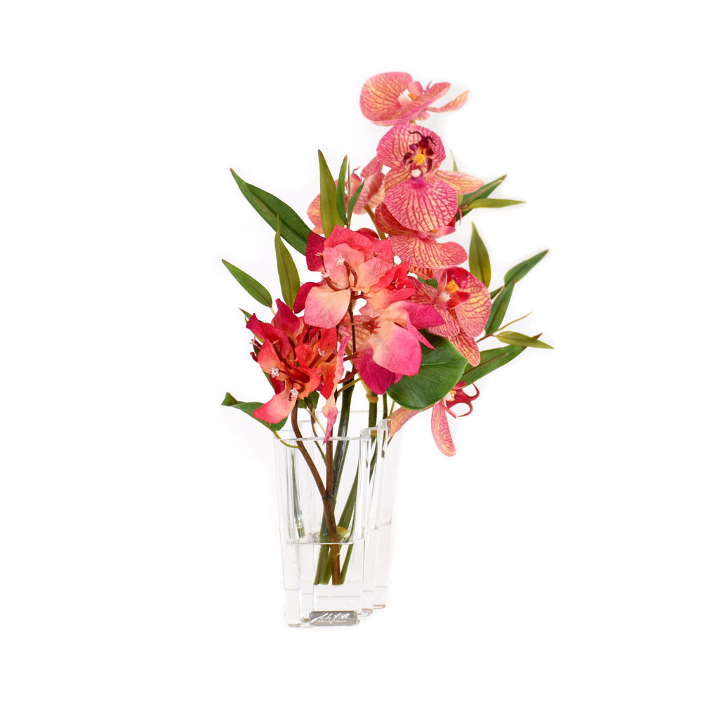 Fuchsia Bush Bougainvillea & Phala w/ Bamboo in 5"H Diamond Vase