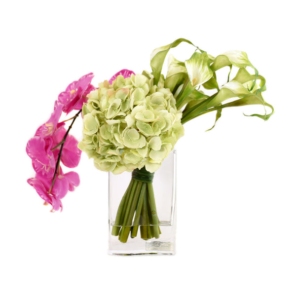 Radiant Phalaenopsis, Green Calla Lily & Hydrangea in Rectangular Vase
