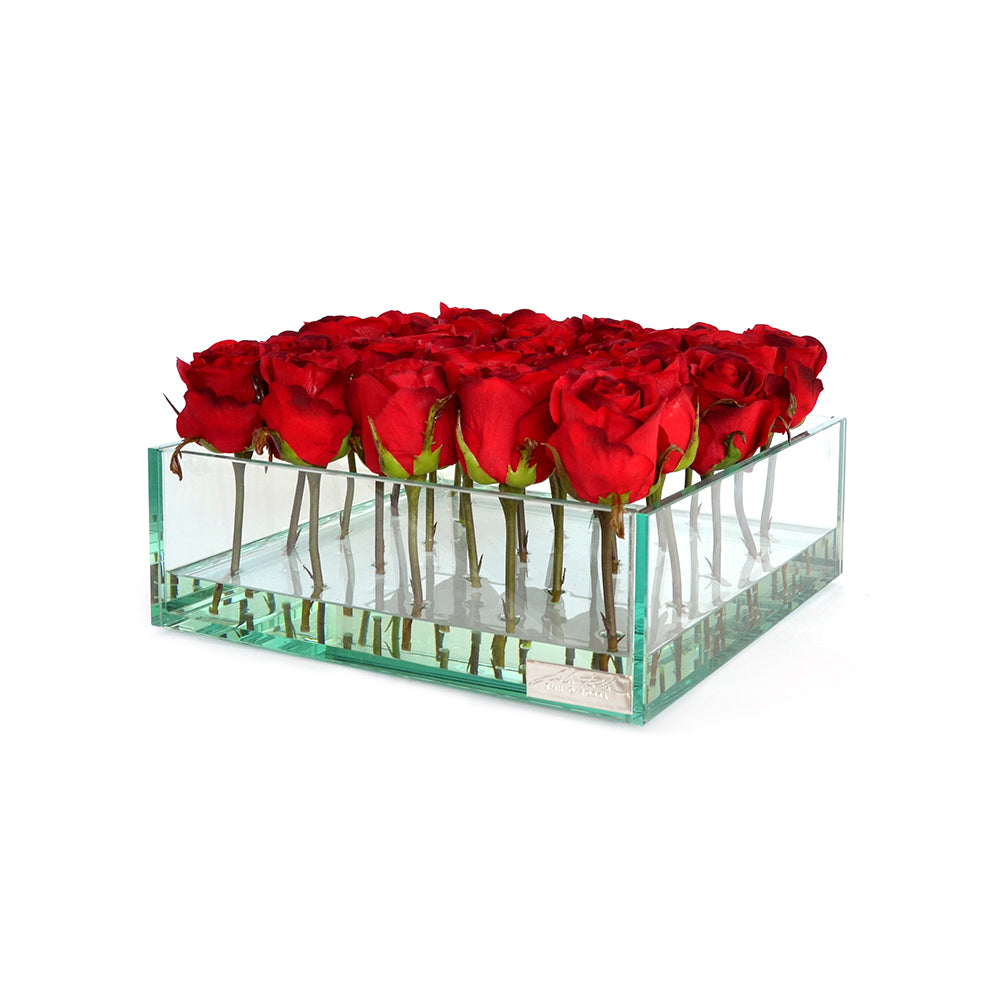 Red Rose Buds 9" Square Low Glass Plate Planter