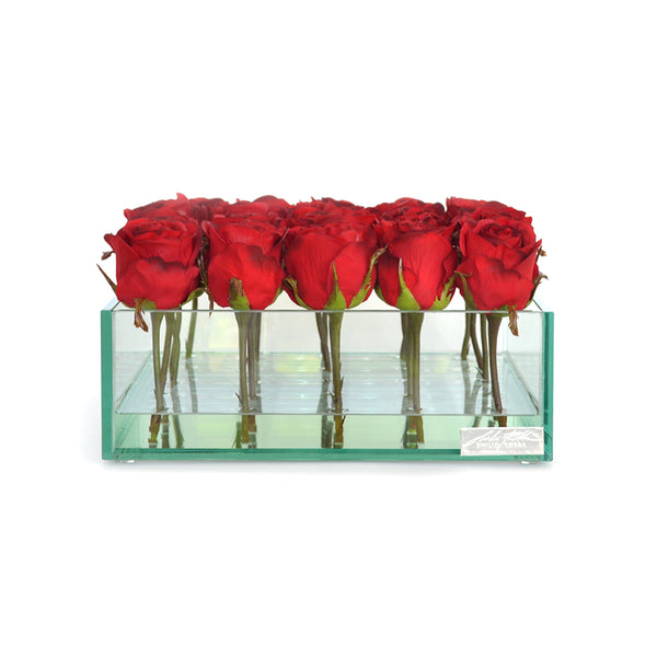 Red Rose Buds 9" Square Low Glass Plate Planter