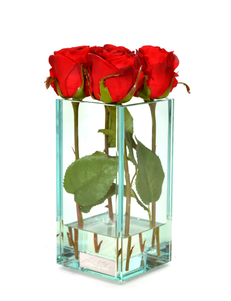 Red Roses Glass Plate Vase 8"H