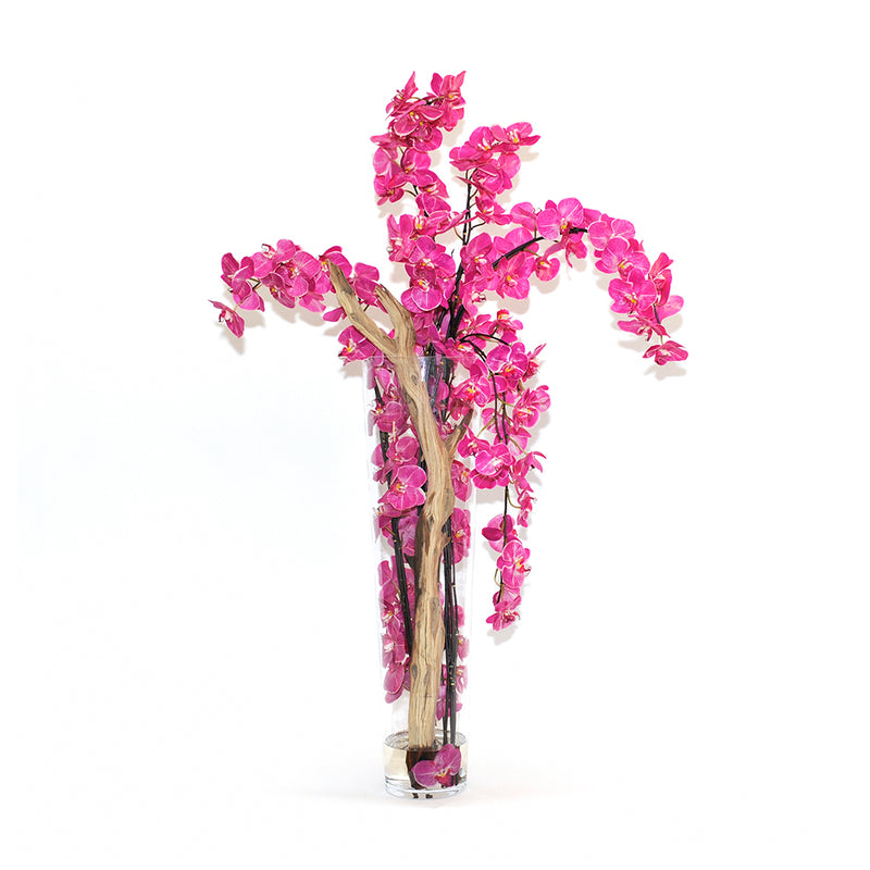 Fuchsia Phalaenopsis & Driftwood 35"H Tapered Vase