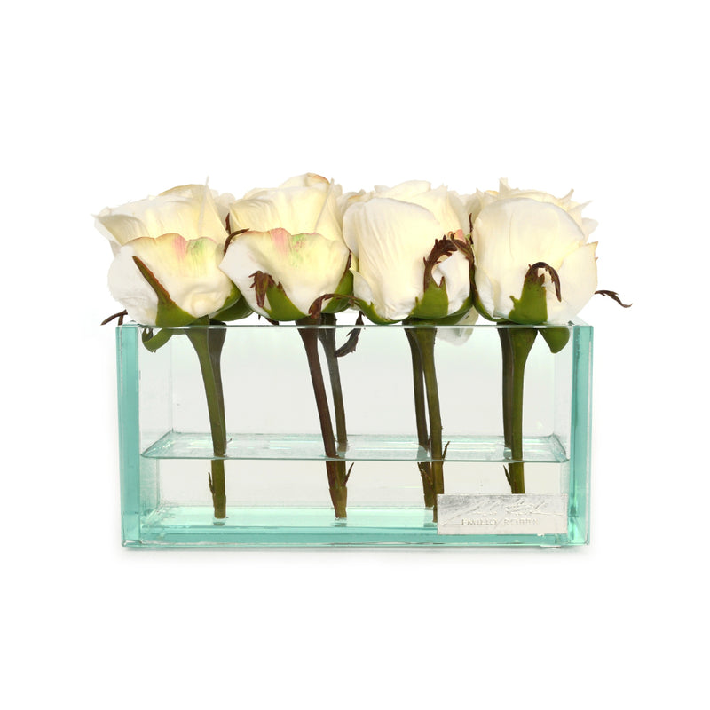White Rose Buds in Glass Plate Vase. 4 sizes (8", 12", 24" & 48"L)