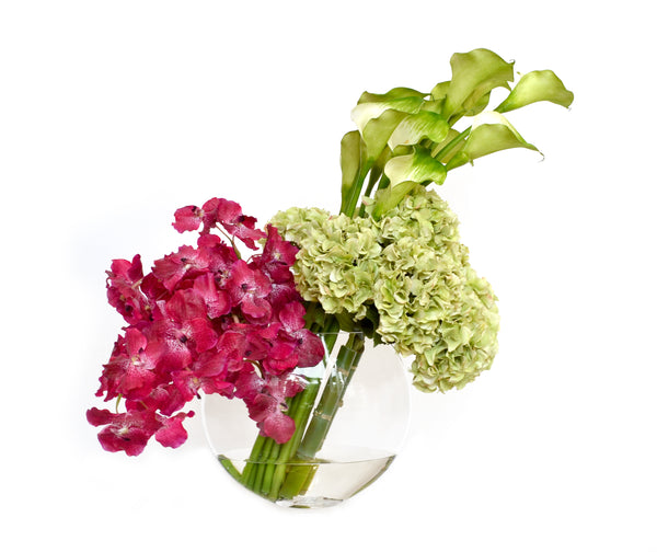 Fuchsia Vanda, Calla Lily & Hydrangea 13" Moon Vase