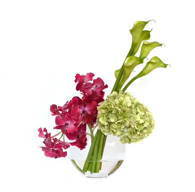 Fuchsia Vanda, Green Calla & Hydrangea 10" Moon Vase