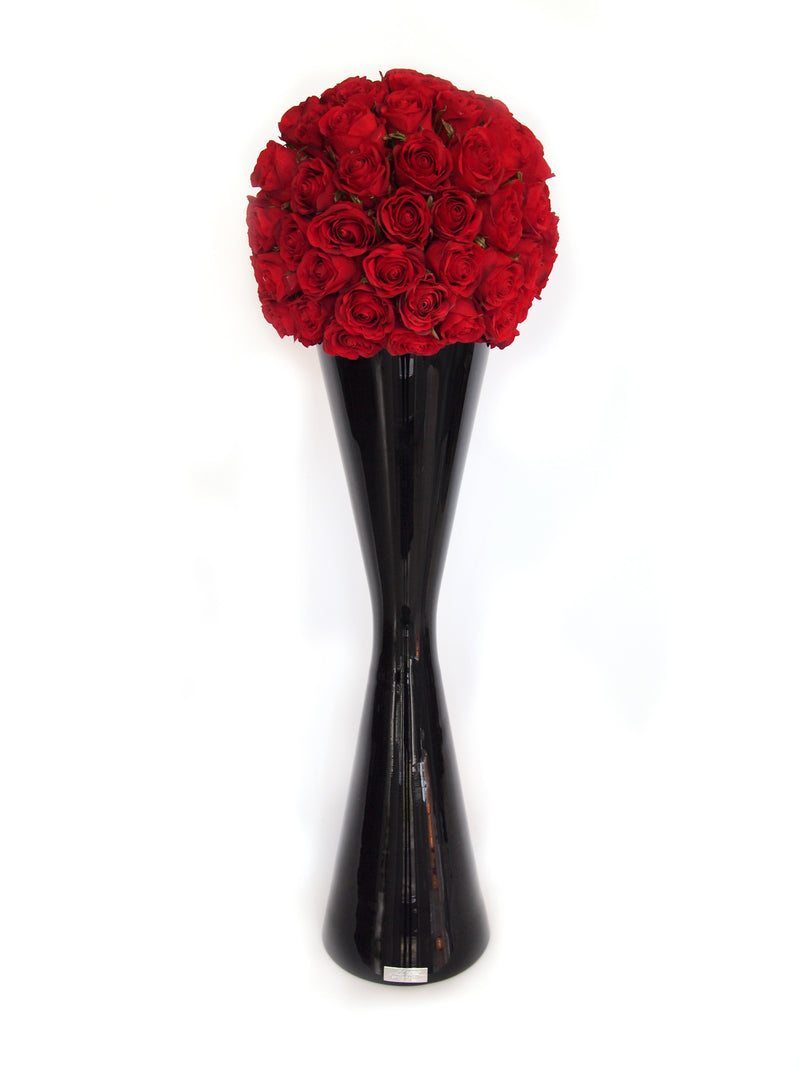 Red Rose Ball 32"H Black Reflection Vase