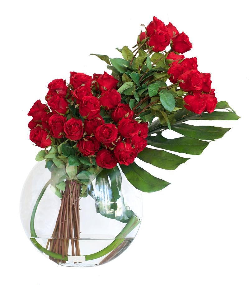 Red Roses & Monstera Leaf 13"H Moon Vase