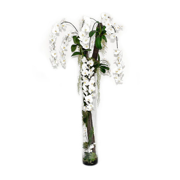 White Phalaenopsis & Fern Wood 55" Cylinder