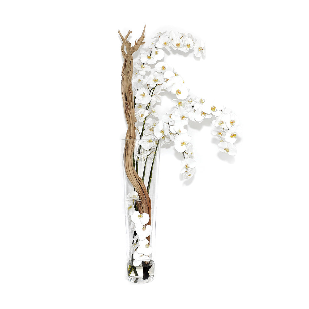 White Phalaenopsis & Wood 35" Cylinder