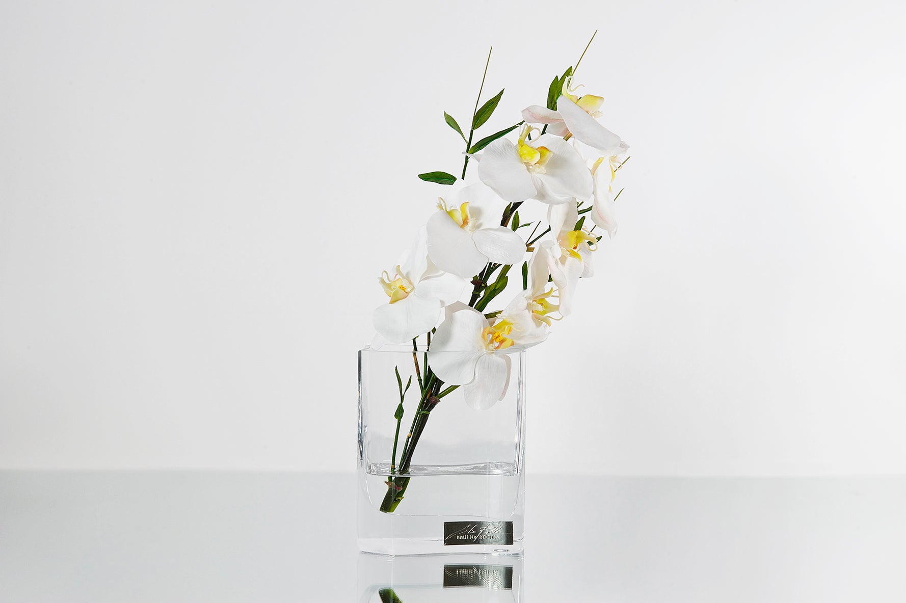 White Phalaenopsis & Bamboo Leaves 8"H Deco Vase