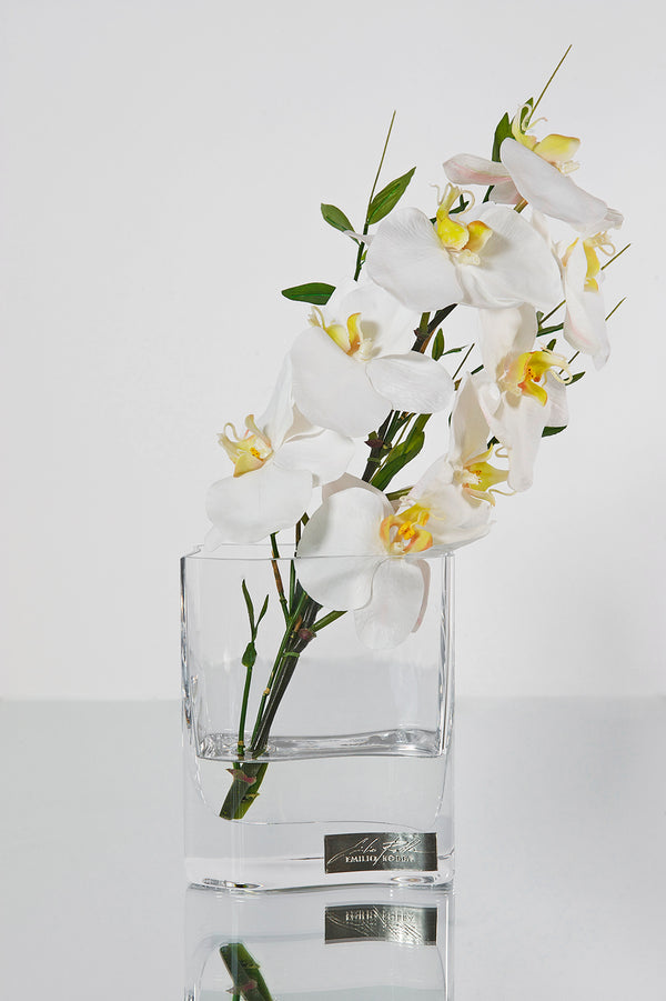 White Phalaenopsis & Bamboo Leaves 8"H Deco Vase