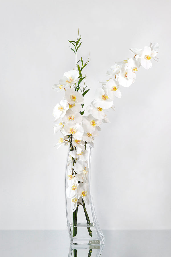 White Phalaenopsis & Bamboo Leaves 19"H Deco Vase