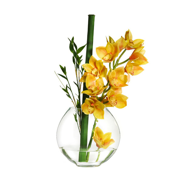 Yellow Cymbidium & Bamboo Leaves 10"H Moon Vase