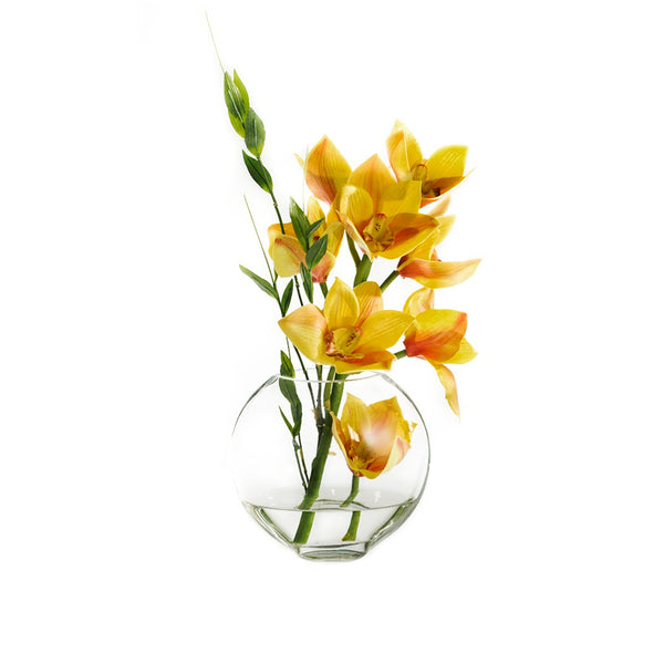 Yellow Cymbidium & Bamboo Leaves 6.5"H Moon Vase