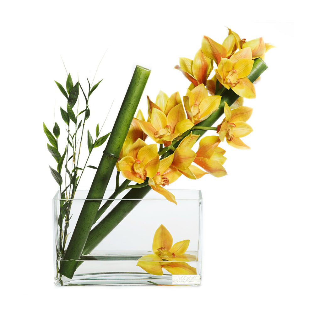 Yellow Cymbidium & Sugarcane 7"H Aquarium