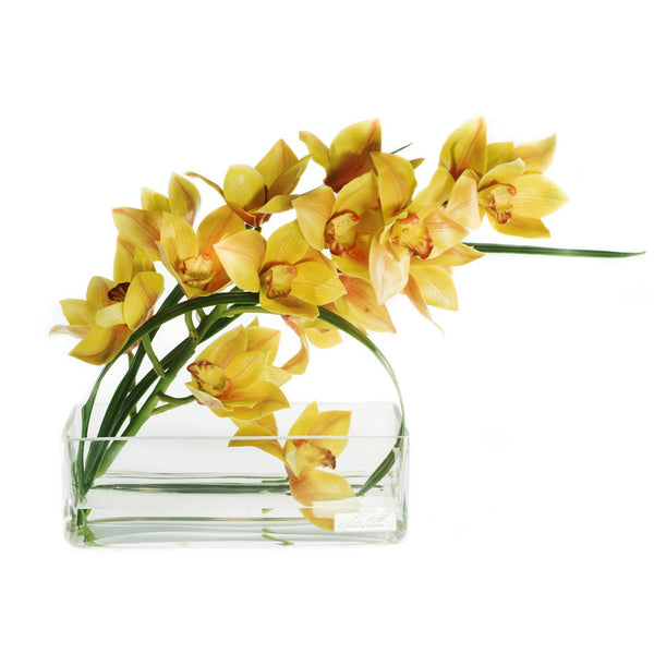 Yellow Cymbidium & Flax 12"L Rectangle Vase