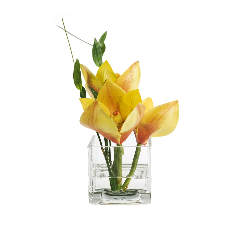 Yellow Cymbidium & Bamboo Leaves Square Vase