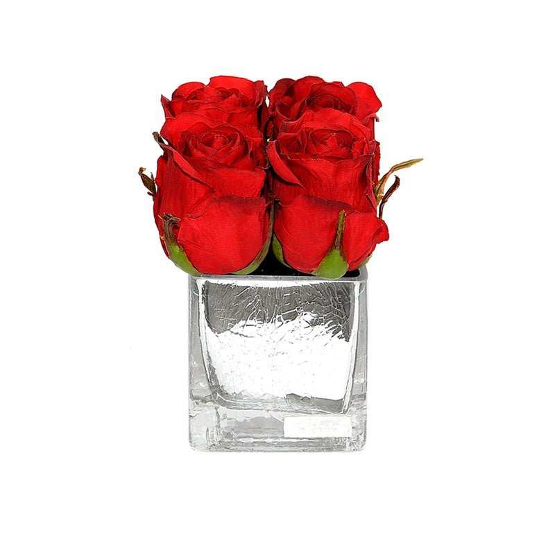 Red Rose Buds Silver Crackle Square
