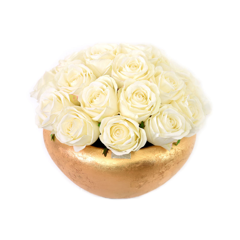 White Roses in Gold or Silver Leaf Bowl