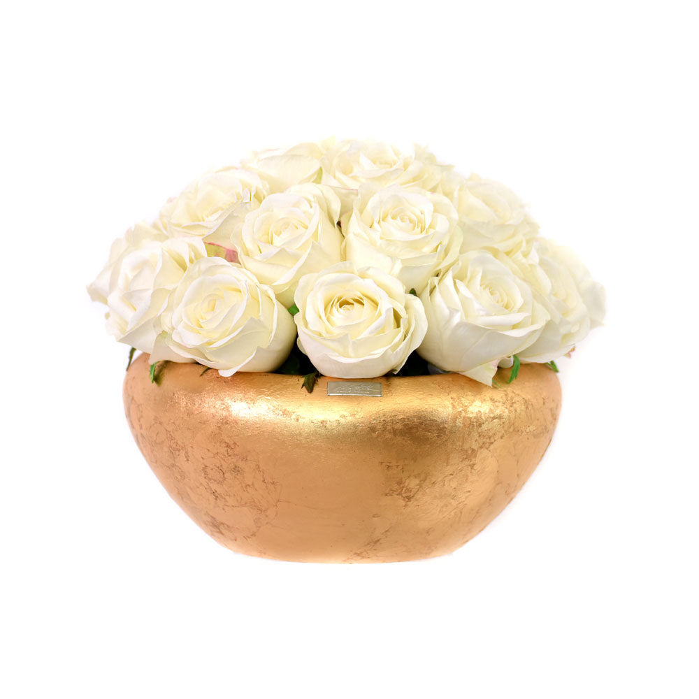 White Roses in Gold or Silver Leaf Bowl