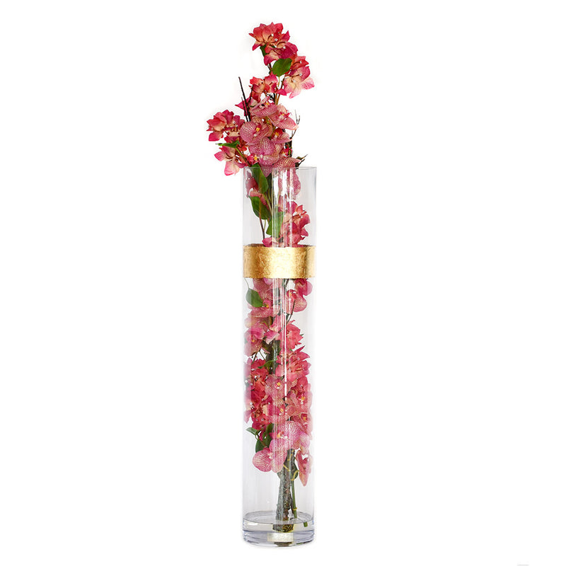 Pink/Yellow Spotted Phala & Bougainvillea in Gold Stripe 32"H Cylinder
