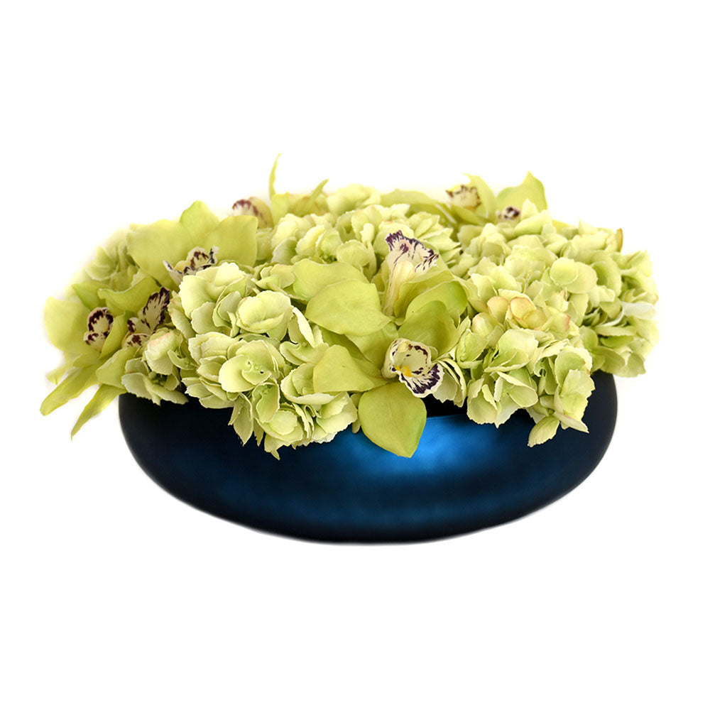 Green Hydrangea, Cymbidium Fresh cut Blue Bowl Vase