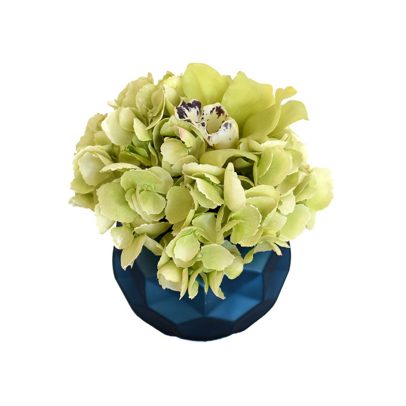 Green Hydrangea, Cymbidium Fresh Cut Blue Round Vase