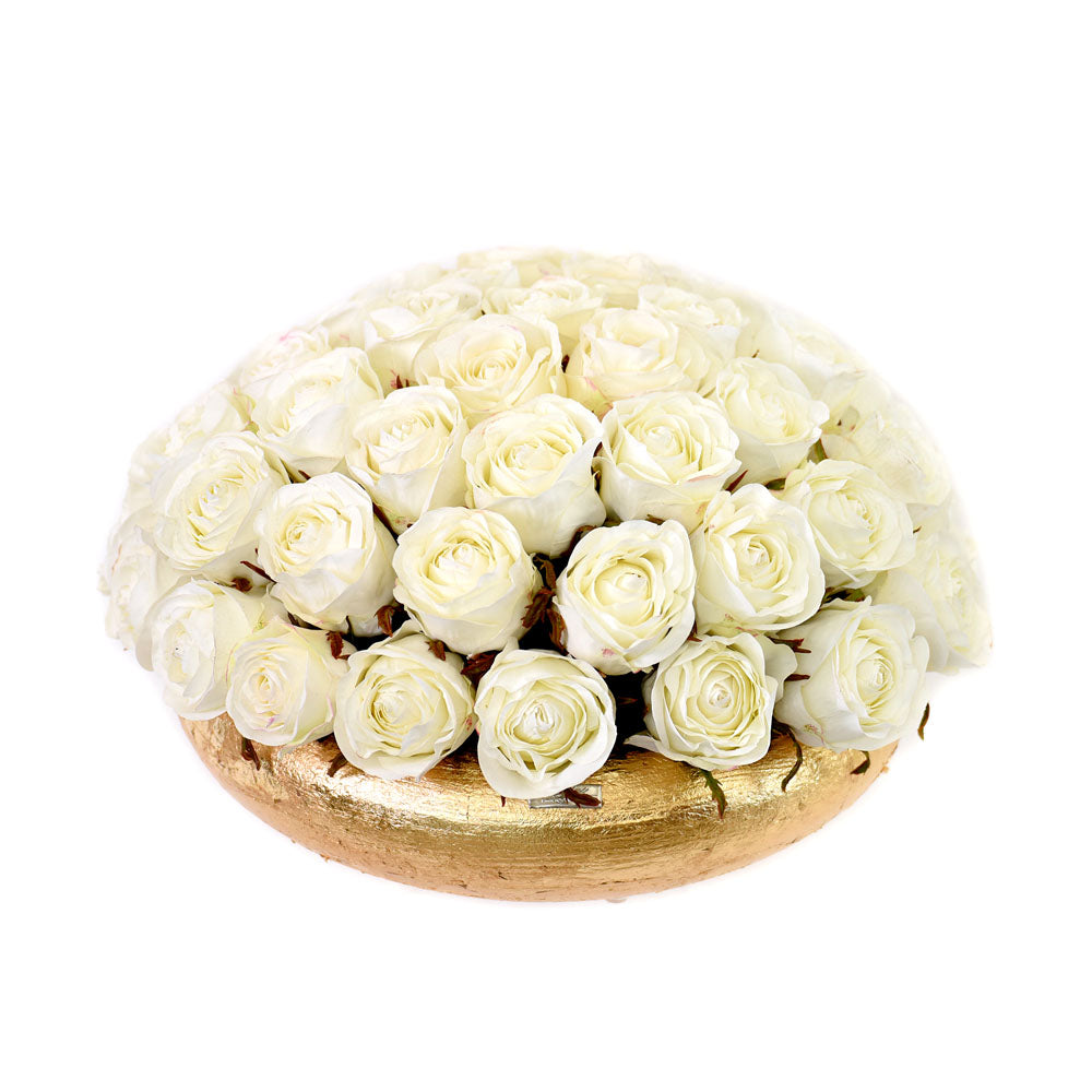 White Roses in Gold or Silver Leaf Bowl