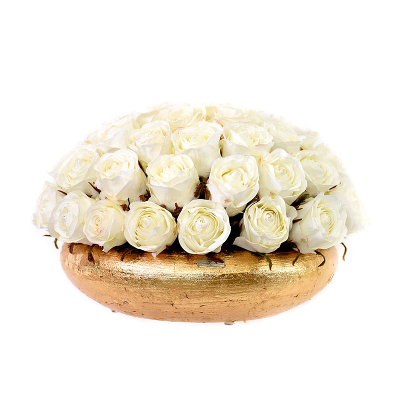 White Roses in Gold or Silver Leaf Bowl